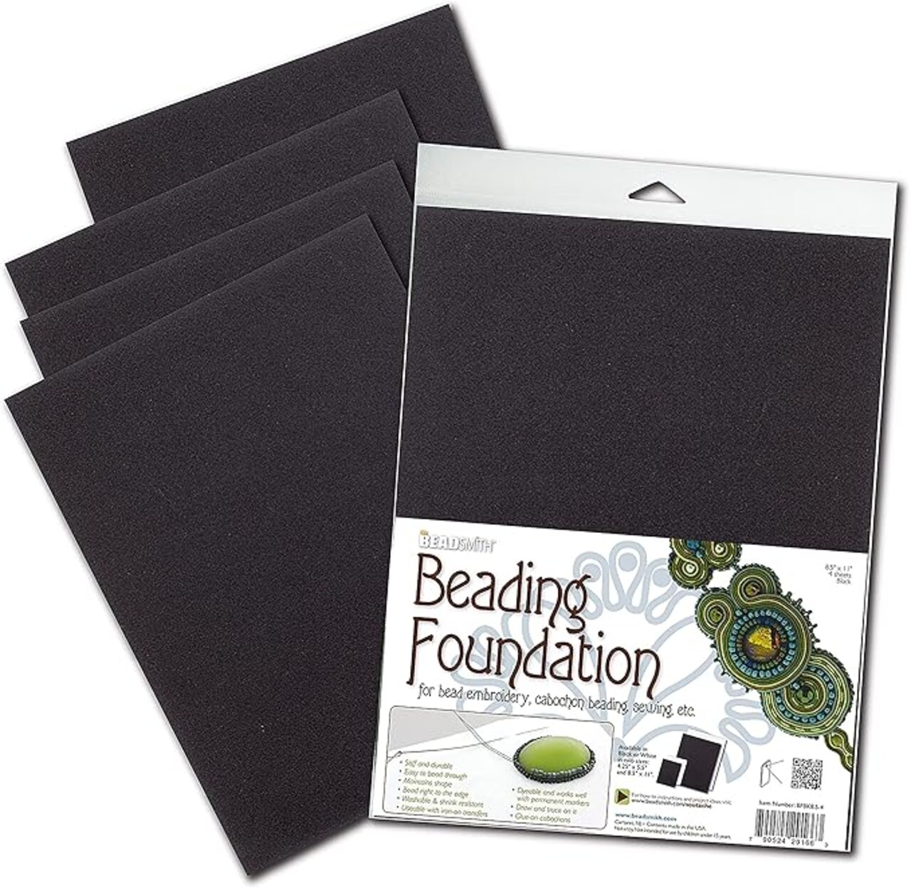 The Beadsmith Beading Foundation – 8.5 x 11 inches – Black Fabric – 1 Sheet – Made in The USA – Stiff & Durable Material Used for Bead & Stitch Embroidery, cabochon Beading and Sewing